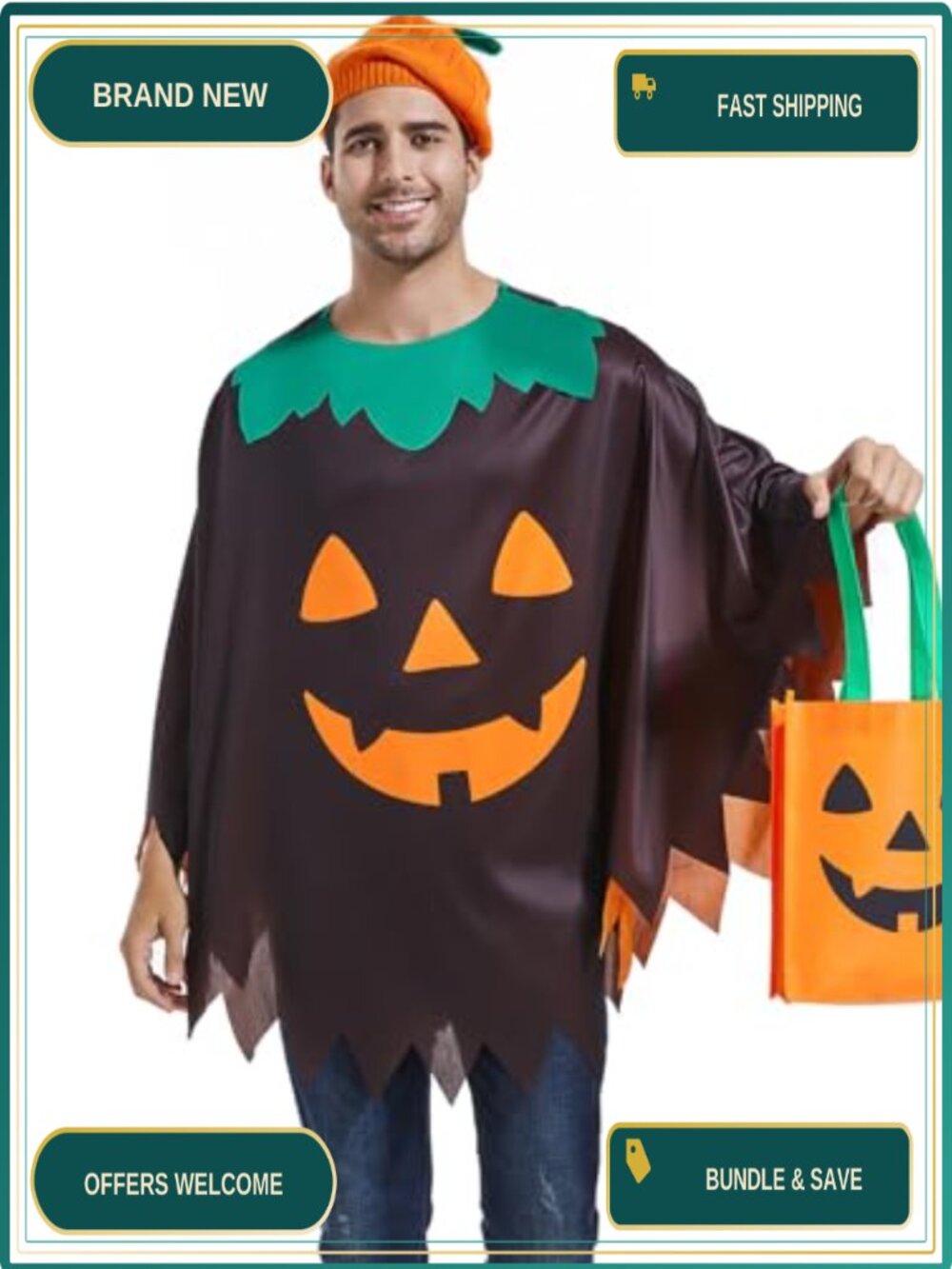 Pumpkin Costume 3PCS Set Poncho Beret Candy Bag Halloween Cosplay